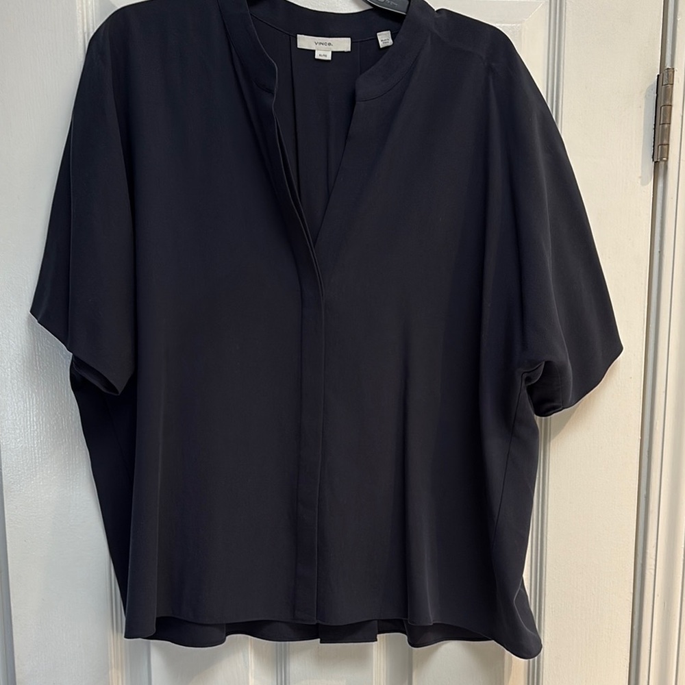 Vince Navy Short-Sleeve Split-Neck Blouse